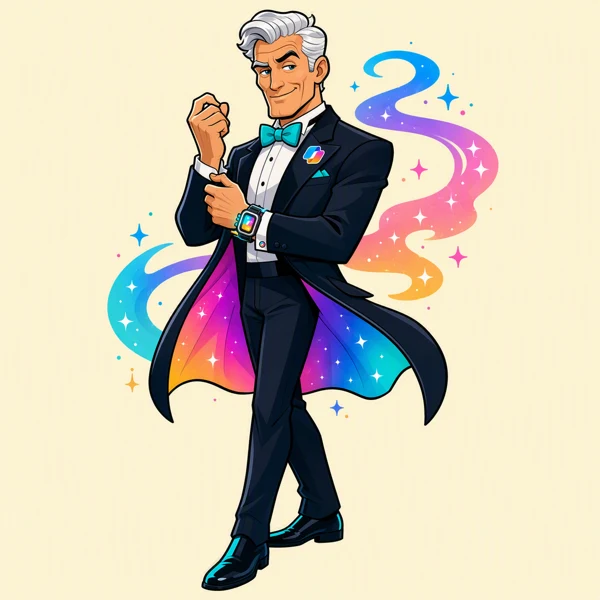 Silver-haired secret agent in a black tuxedo and teal bow tie.