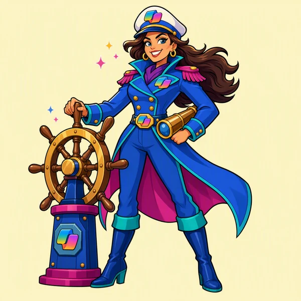 Female naval captain in a blue coat and white cap, standing at a ship's wheel.