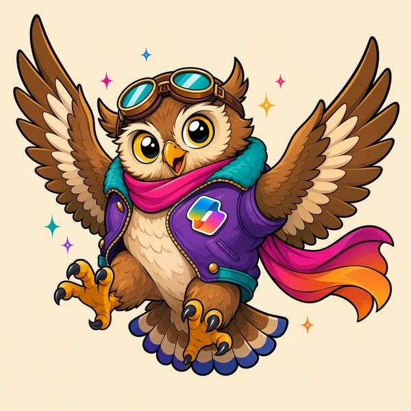 An owl aviator wearing goggles and a colourful scarf.