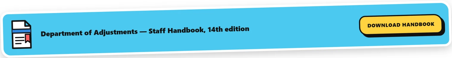The blue evidence card offers a download of the Department of Adjustments staff handbook.
