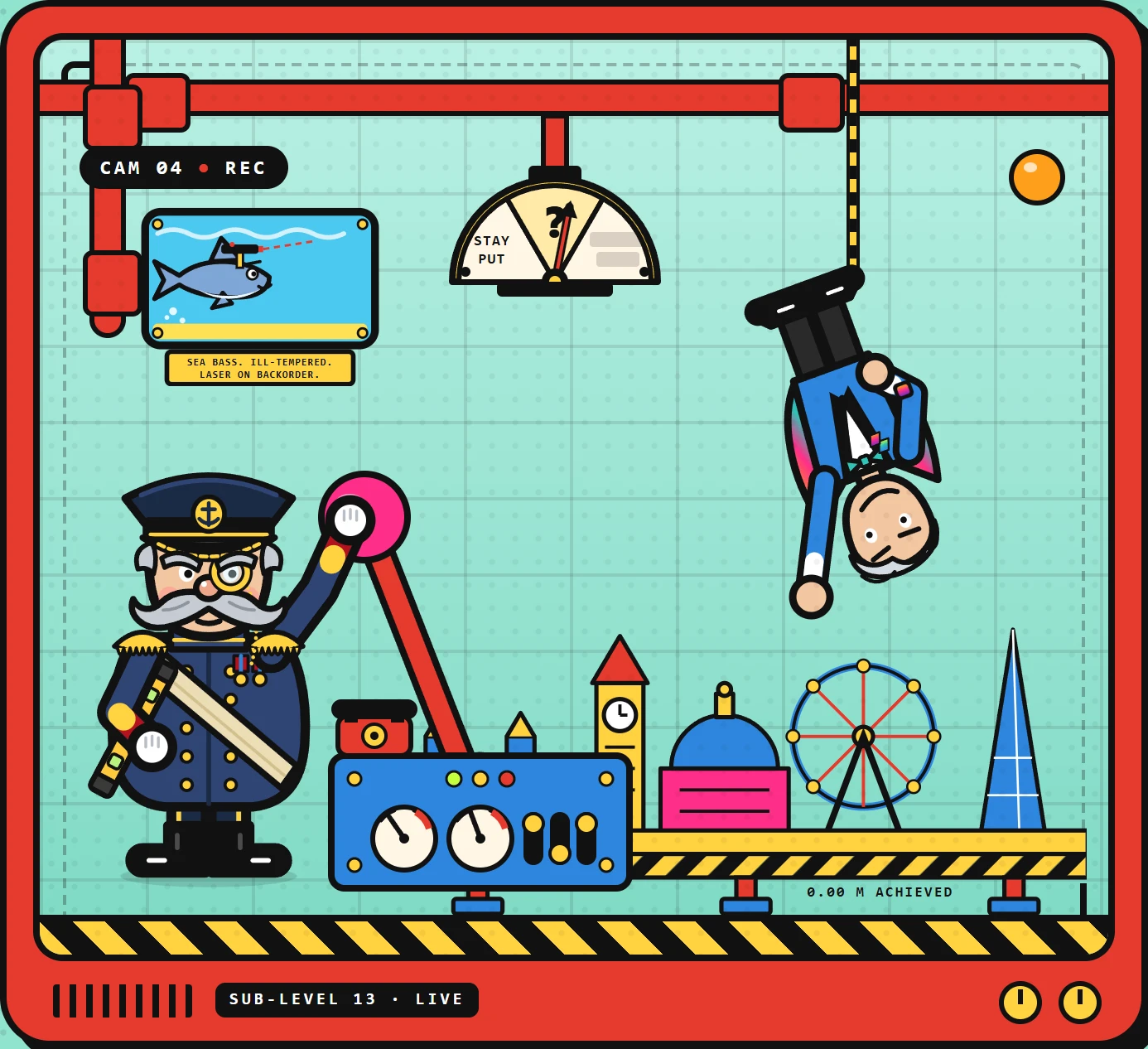 The Admiral pulls a lever beneath London while Captain Copilot hangs upside down in the lair.